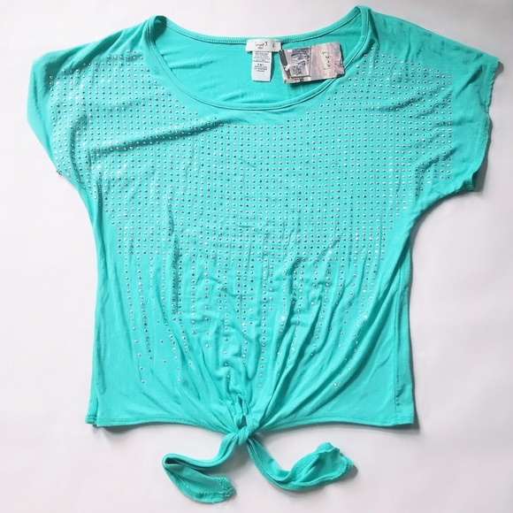 love J Tops - NWT Teal Rhinetone Tie Short Sleeve Top Large